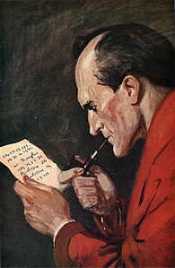 Шерлок Холмс курить люльку та читає повідомлення, повість — «Долина жаху», зображення — Френк Вайлз (англ. Frank Wiles)