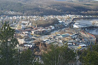 Bellows Falls in the early spring, viewed from Fall Mountain