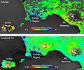 Immagini radar da satellite che mostrano la velocità di deformazione del suolo nell'area flegrea-vesuviana. Nell'immagine in alto la deformazione calcolata negli anni dal 2002 al 2010; nell'immagine in basso è rappresentata la deformazione del suolo nel 2015-2015. Dalla scala colore è evidente l'aumento della velocità di deformazione negli anni più recenti.