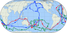 The routes of Royal Navy Captain James Cook's three voyages Cook Three Voyages 59.png