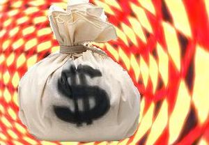 A bag of money, US dollars, spinning in a vortex of color, representing chicanery or misrepresentation of cost or economic information or data, but could represent outright financial fraud.