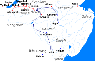 Mapa Zabajkalska a Poamuří s vyznačenými směry pohybu Čchingů (z Ajgunu po Amuru a Šilce k Něrčinsku a od Nonu přes Dalaj núr k Něrčinsku) a Golovinova vojska (od Selenginska k Něrčinsku)