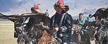 Kazakh hunters in Mongolia with eagles Eagles and Hunters.JPG