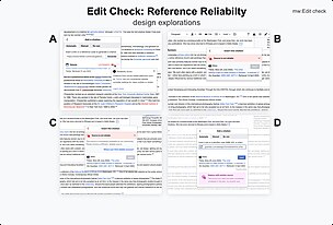 Mockups of four design directions of the reference reliability edit check user experience.