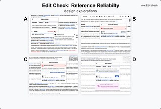 Screenshots showing four different potential design directions for the desktop user experience of the next Edit Check: Reference Reliability.