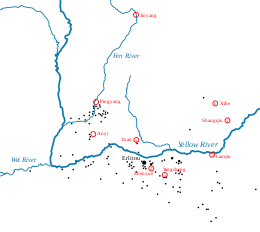 Traditional Xia sites (red) and Erlitou sites (black) near the Yellow River Erlitou sites and Xia capitals.svg