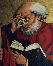 Reading Saint Peter with eyeglasses (1466) Friedrich Herlin, Reading Saint Peter (1466).jpg