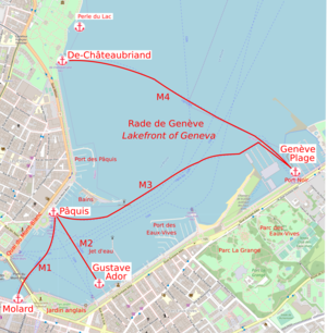 The four lines cross the western end of Lake Geneva