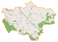 Mapa konturowa gminy Grębocice, blisko lewej krawiędzi znajduje się punkt z opisem „Uroczysko Obiszów”