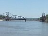 Illinois Central Missouri River Bridge in 2012 with one of its two swing spans in the open position to allow river traffic to proceed