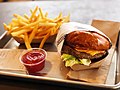 Impossible Burger with fries and ketchup at Gott's Roadside