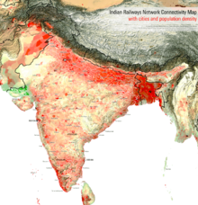 Map of India. High population density areas (above 1000 persons per square kilometer) centre on Kolkata along with other parts of the Ganges River Basin, Mumbai, Bangalore, the south-west coast, and the Lakshadweep Islands. Low density areas (below 100) include the western desert, eastern Kashmir, and the eastern frontier.