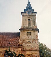 Kirchturm 1976, verfallen, mit Einschusslöchern aus dem Zweiten Weltkrieg