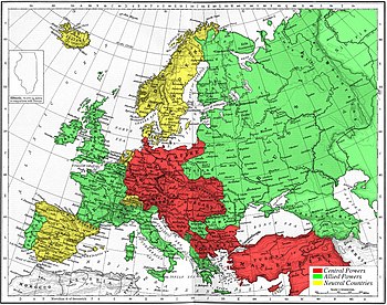 En rouge la Triple Alliance, en vert la Triple Entente (carte de 1915)