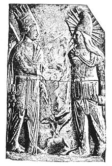 Mithras-Helios, with solar rays and in Iranian dress, with Antiochus I of Commagene. (Mt. Nemrut, 1st century BCE) Mithra&Antiochus.jpg