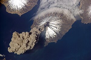 Astronaut photo of ash cloud from Mount Clevel...