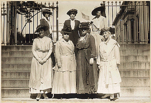 Officers of the NAWSA about 1916. Front row: Mrs. Wood Park, Anna Howard Shaw, Carrie Chapman Catt, Helen H. Gardner: second row, Rose Emmet Young, Mrs. George Bass, and Ruth White. Officers of the National American Woman Suffrage Association.gif