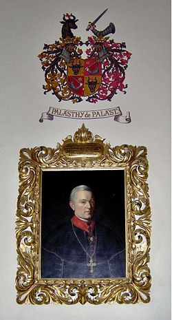 Palásthy Pál püspök portréja a Palásthy címerrel, a palásti Szent György-templomban