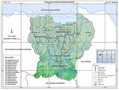 Peta Wilayah Sungai Ciliwung-Cisadane yang merupakan wilayah pengelolaan sungai dibawah otoritas Balai Besar Wilayah Sungai (BBWS) Ciliwung-Cisadane.