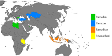 Land hvor Ramadan (grønt) er mye brukt