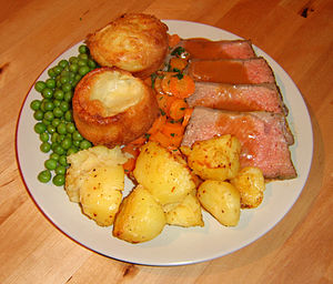 Roast beef with Yorkshire puddings, roast pota...