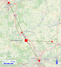 Vue d'une carte matérialisant les distances à vol d'oiseau entre plusieurs villes.