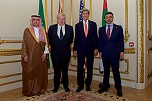 Foreign Ministers of the U.S., the U.K., Saudi Arabia and the United Arab Emirates, before a working dinner focused on Yemen, 19 July 2016 Secretary Kerry Poses With Saudi Arabia Foreign Minister Al-Jubeir, British Foreign Secretary Johnson and United Arab Emirates Foreign Minister Al Nahyan in London (27801916664).jpg