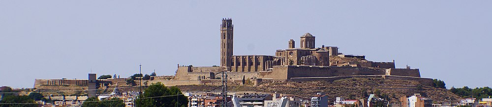 View from east of La Seu Vella, old cathedral and bishop's buildings (1286) and fortress (1707) on Turó de la Seu Vella in Lleida (Photo 2017)