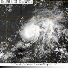 Satellite image of elliptical cloud pattern with no clear center