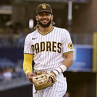 Fernando Tatis Jr. wearing the brown and gold home uniform that was introduced prior to the 2020 season Tatis Jr. July 10th, 2021.jpg