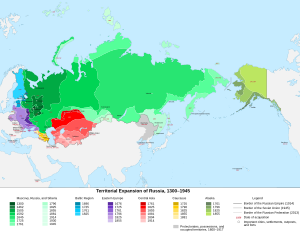 Expansion of the Grand Duchy of Moscow, Tsardom of Russia and Russian Empire between the 14th and 20th centuries. Territorial Expansion of Russia.svg