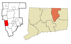 Bolton's location within Tolland County and Connecticut