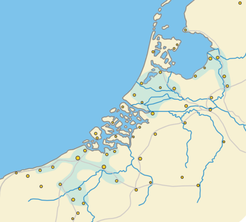 Historische kaart van de Nederlanden met de belangrijkste stedelijke centra in de 14e en 15e eeuw