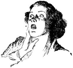 Monochrome drawing of a shocked woman looking off to right with her right hand against her face.