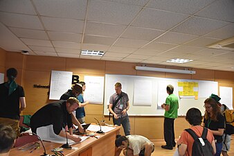 Participants at the mentors and mentee matching session at the Wikimedia Hackathon in Barcelona