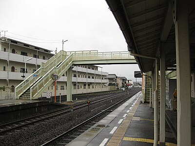 A view of the station platforms and tracks. The passing loop can be seen at the extreme left.