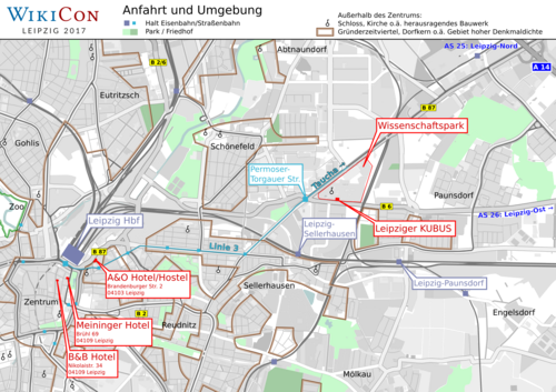 Übersichtskarte: Lage der Hotels, in denen Hotelzimmer reserviert wurden, und des Veranstaltungsorts