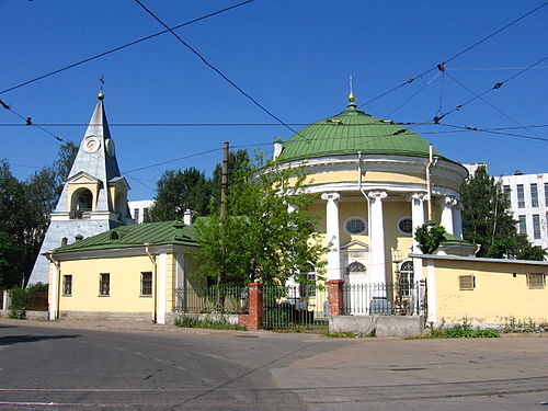 An 18th-century Troitskaya church in St. Petersburg , known as "Kulich and Paskha", because the rotunda of the church resembles kulich, while the adjacent belfry has a pyramidal form reminiscent of paskha.[8]