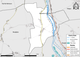 Carte en couleur présentant le réseau hydrographique de la commune