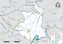 Carte en couleur présentant le réseau hydrographique de la commune