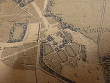 L'abbaye de Saint-Vincent-aux-Bois en vue cavalière. Détail du plan de la forêt de Châteauneuf en Thymerais (Archives départementales d'Eure-et-Loir)