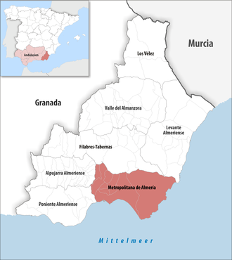 Die Lage der Comarca Metropolitana de Almería in der Provinz Almería