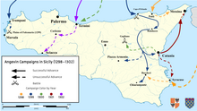 Map detailing the Angevin campaign (1298-1302) to invade Sicily. Angevin Invasion of Sicily Campaign Map (PNG).png