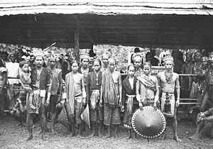 COLLECTIE TROPENMUSEUM Een groep Moealang Dajaks tijdens het bezoek van Gouverneur-Generaal J.P. Graaf van Limburg Stirum aan Borneo TMnr 60018485.jpg
