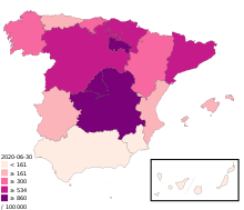 Vypuknutí COVID-19 ve Španělsku na obyvatele map.svg