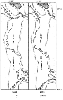 Two maps showing the course of the Duwamish, White, Black, Green, and Cedar rivers. The left shows the rivers in 1899, where the White and Black flow into the Duwamish, while the Cedar flows into Lake Washington at a delta with the Black River. In 1959, the map shows the Cedar flowing into Lake Washington, the Green River flowing into the Duwamish, and the White flowing to the south off-screen