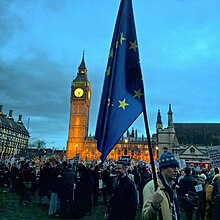 In the Brexit referendum 51.9% voted to leave the European Union, and 48.1% to remain. Critics have filed complaints about the substantiality of the question. EU Flag at the Stop Trump Rally (32205545383).jpg