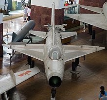 Frontal view of the same Chengdu J-7I seen from above. J-7I fighter at the Beijing Military museum.jpg