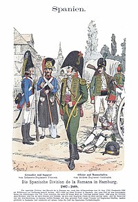 На гравюре изображены мужчины в военной форме начала XIX века. Гренадер и сапер слева, принадлежащие к линейной пехоте Princesa, носят синие мундиры с меховыми шапками. Офицер и рядовой справа от Каталонской легкой пехоты носят зеленые гусарские куртки.