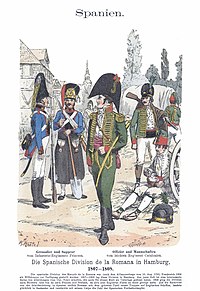 Print shows men in early 19th century military uniforms. The grenadier and sapper at the left belonging to the Princesa Line Infantry wear blue coats with fur hats. The officer and enlisted man at the right from the Catalonia Light Infantry wear green hussar-style jackets.